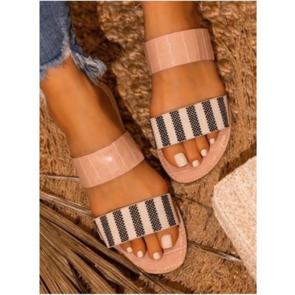 Shoes - Boho Striped Textured Slip on Sandals Blush